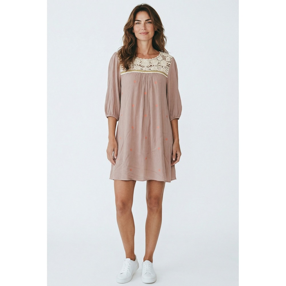 Umgee USA Boho Crochet Lace Yoke Dress Mauve Embroidered Gauze 3/4 Sleeve Small